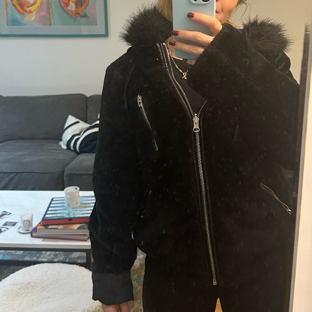 Blank NYC reversible black fur hood coat, with blue metallic inside - zippers